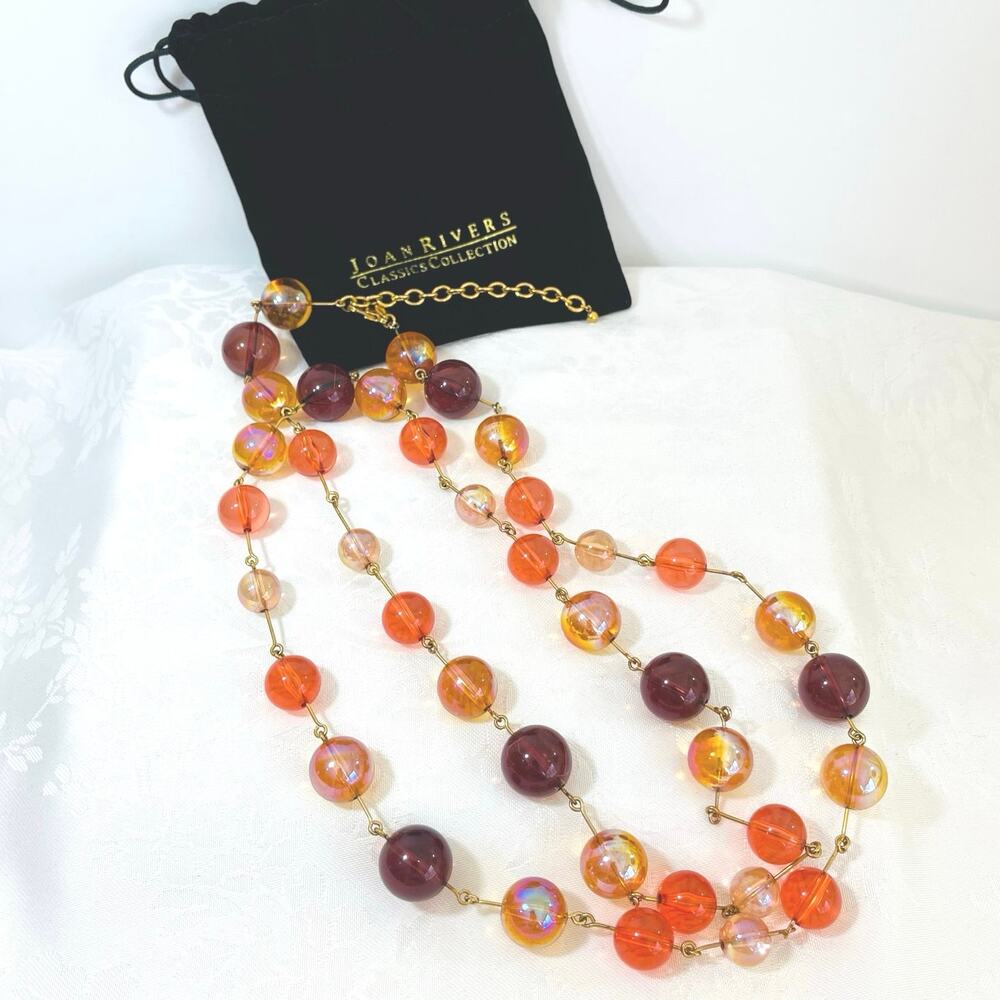 Necklace Vtg Joan Rivers Floating Ball Bead Lucite Iridescent Amber Long Signed